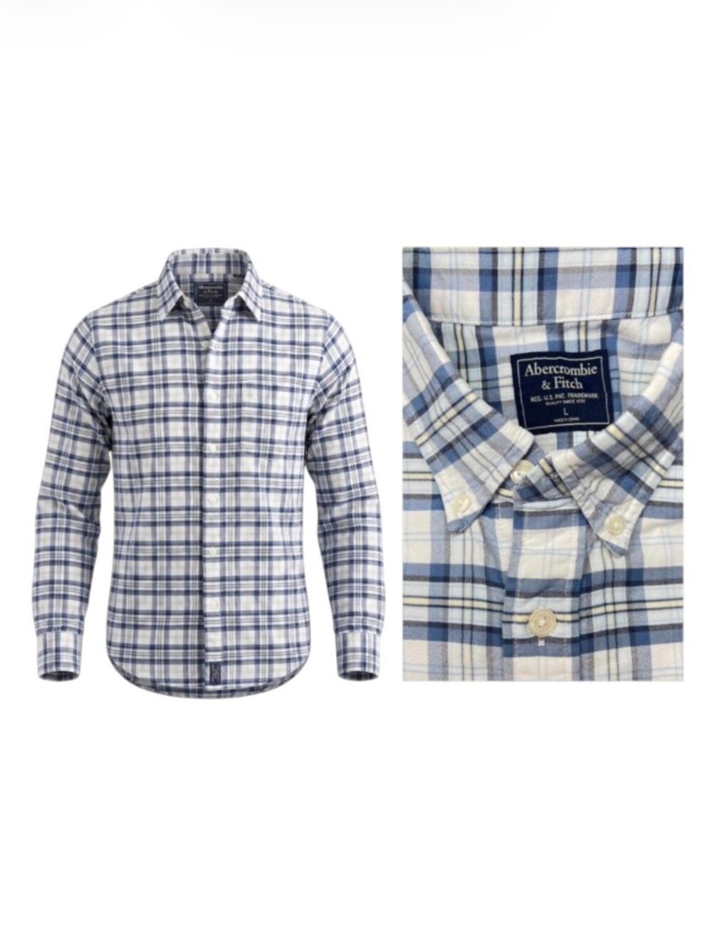 Abercrombie & Fitch Blue White Plaid Long Sleeve Button Down Men's Large